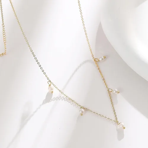 Vista 7 de Collner Delicado collar de perlas chapado en oro de 14 quilates, bonito collar de perlas individuales elegante gargantilla de perlas pequeñas