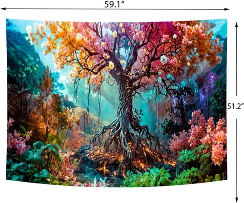 Vista 6 de Delur Tapiz de bosque con diseño de árbol de la vida, bosque tropical, para colgar en la pared, colorido paisaje místico, cabecero psicodélico