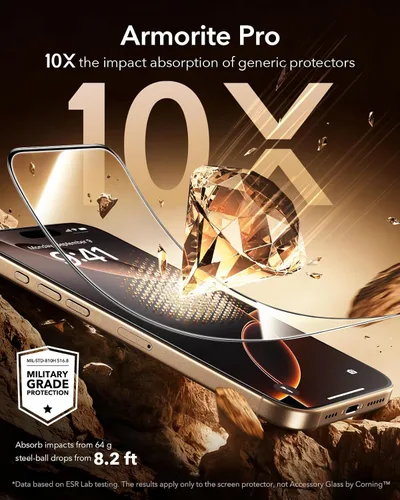 Vista 4 de ESR - Protector de pantalla para iPhone 16 Pro Max, paquete de 3 unidades, Armorite Pro Accessory Glass by Corning™, 10X Impact Absorption
