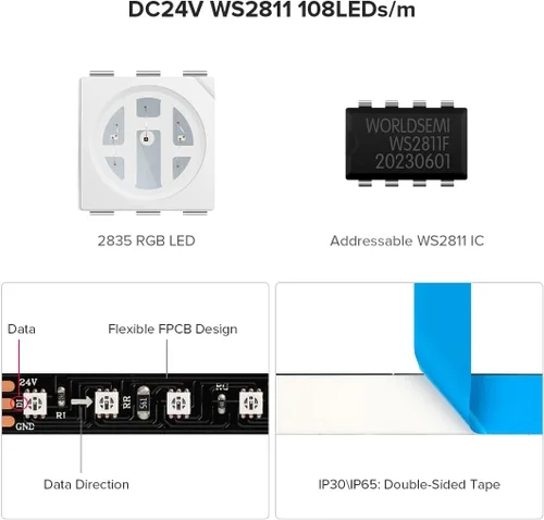 Vista 2 de BTF-LIGHTING Tira de luz LED RGB WS2811 direccionable de 2835SMD con color persiguiendo 9.8 pies DC24V 108LED/m 18píxeles/m 8mm de ancho IP65