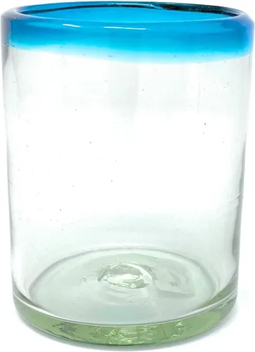 Vista 5 de Dos Sueños Vasos mexicanos soplados a mano, juego de 6 vasos con bordes azul aguamarina (10 onzas cada uno)