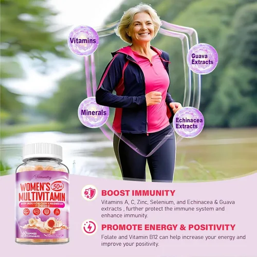 Vista 4 de Gomitas multivitamínicas para mujeres 50 Plus – con Omega 3, coenzima Q10, hierro, calcio, zinc, vitamina A, C, D3, E, K2, complejo B, folato