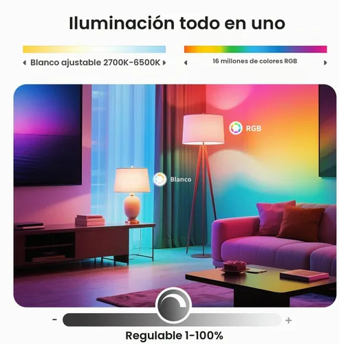 Vista 4 de TREATLIFE Bombillas inteligentes, bombilla LED inteligente A19 con certificación UL, WiFi Bluetooth que cambia de color, bombilla inteligente LED