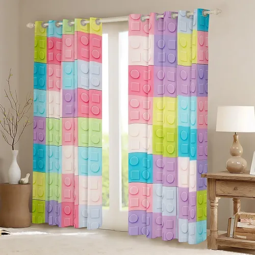 Vista 2 de Feelyou Cortinas de ventana de bloque de construcción para dormitorio, 38 pulgadas de ancho x 45 pulgadas de largo, 2 paneles de estilo ladrillo