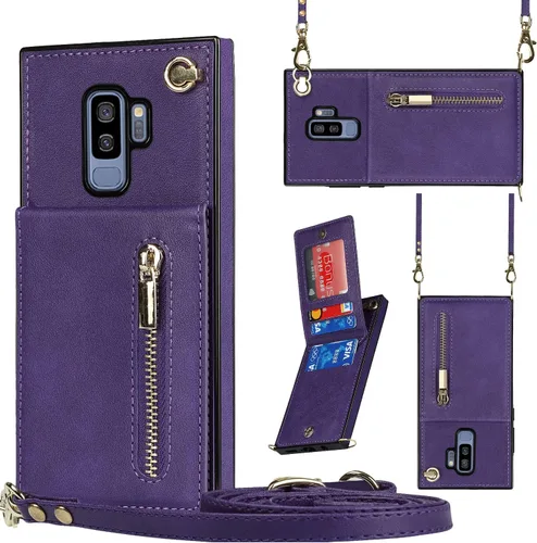Vista 19 de Funda para teléfono Samsung Galaxy S9 con correa cruzada, tarjetero de cuero, con cordón, ranuras de crédito, cierre magnético, accesorios para Negro