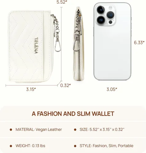 Vista 4 de Telena Cartera delgada para mujer, con bloqueo RFID, tarjetero de cuero con llavero plateado, color beige