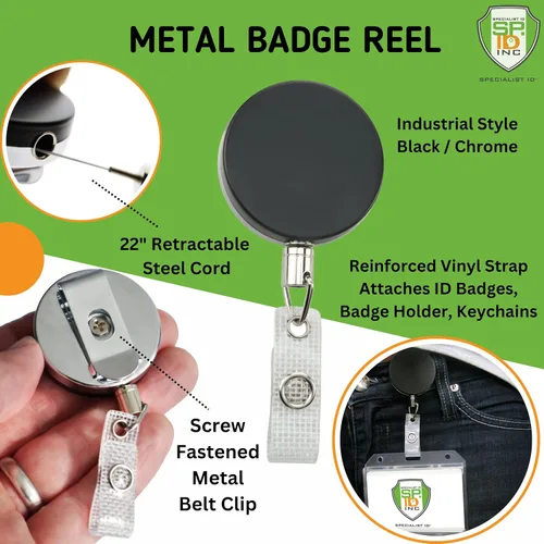 Vista 3 de Carrete de identificación resistente con cable de metal y clip para cinturón, soporte de identificación retráctil de metal con cable de alambre
