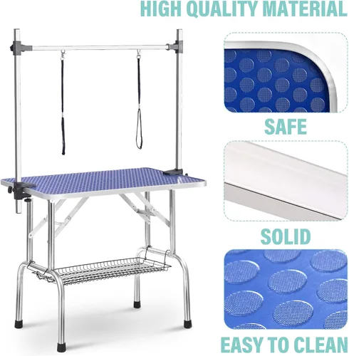 Vista 8 de Mesa profesional ajustable de aseo para mascotas de 36 pulgadas, resistente, con brazo y nariz y bandeja de malla para perros grandes, estación