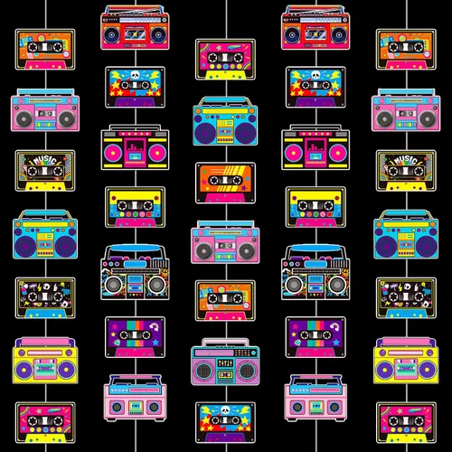 Vista 8 de Guirnalda de cinta de casete y caja de pluma, 6 unidades de decoraciones de fiesta de los años 80, cinta de casete de radio retro, guirnalda