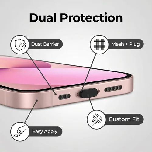 Vista 2 de Kit de cubierta antipolvo para enchufe y altavoz, protector universal de puerto de carga USB-C y juego de malla de altavoz para teléfono con cepillo