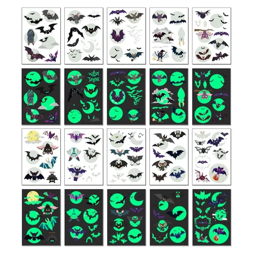 Vista 3 de Awinmay Tatuajes temporales de murciélago luminoso de Halloween para niños, 10 hojas que brillan en la oscuridad, tatuajes con temática