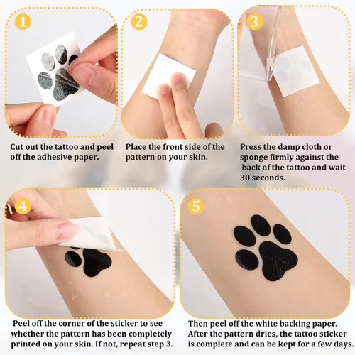 Vista 3 de 30 hojas de 240 tatuajes temporales con purpurina de pata de perro, tatuajes faciales con estampado de patas, tatuajes corporales de pata de perro