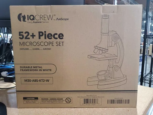 Vista 2 de AmScope-Kids M30-ABS-KT2-W Kit de microscopio con brazo de metal y base, 6 aumentos desde 20x a 1200x, incluye 52 piezas de accesorios y estuche