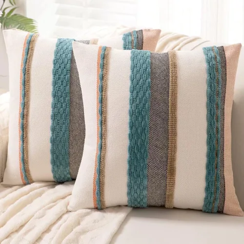 Vista 15 de Fundas de almohada decorativas estilo bohemio de 18x18, juego de 2, para sofá, cama, fundas de cojín cuadradas a rayas para granja, fundas