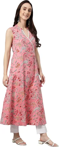 Vista 6 de Janasya Angrakha Kurta de algodón rosa con estampado floral para mujeres indias