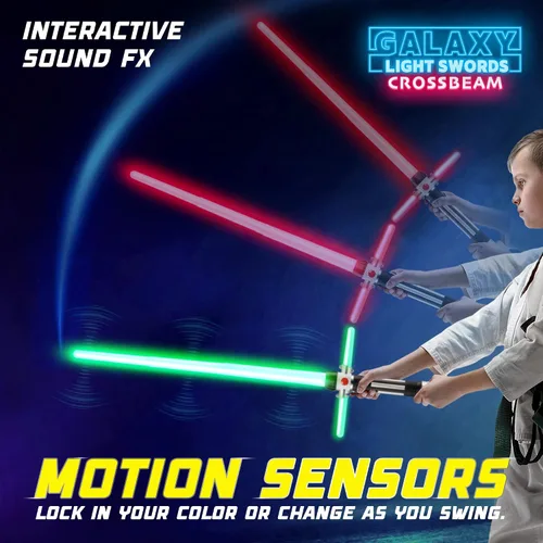 Vista 4 de USA Toyz Crossbeam Galaxy - Espada iluminada para niños o adultos, juego de espadas de doble luz 2 en 1 con sonido FX, 6 LED que cambian