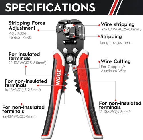 Vista 4 de WGGE WG-014 pelacables autoajustable con aislamiento, para pelar cables desde AWG 10-24, strippers automáticos con cortadores y buclera de 8