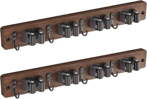 Vista 15 de Paquete de 2 Soportes Negros para Escoba y Trapeador de Montaje en Pared - Colgador de Escoba y Trapeador de Madera - Organizador de Estante