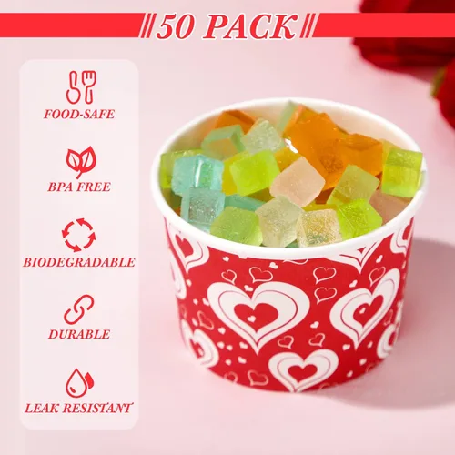 Vista 4 de Shellwei Paquete de 50 tazas de helado de 9 onzas para el día de San Valentín, cuencos de postre desechables con corazón, cuencos de papel