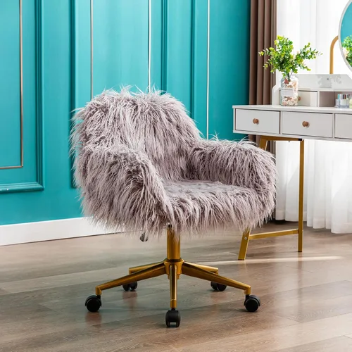 Vista 9 de KCC Silla de escritorio de oficina esponjosa, silla giratoria moderna de pelo sintético con ruedas, sillas de acento suaves, cómodas, elegantes