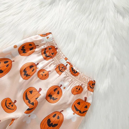 Vista 5 de Pijamas de Halloween para niños y niñas pequeñas, pijamas de seda de calabaza, manga larga, con botones, pantalones y 2 piezas