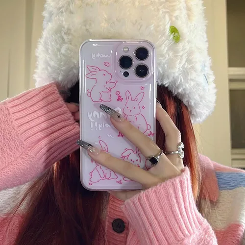 Vista 6 de Funda de teléfono para iPhone 13 Pro Max, funda de dibujos animados de conejo rosa transparente en 3D para mujeres y niñas