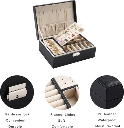 Vista 3 de ZUZ001D - Organizador de joyas, caja de exhibición grande de dos capas, con 74 agujeros para pernos y cierre de piel sintética suave, regalo