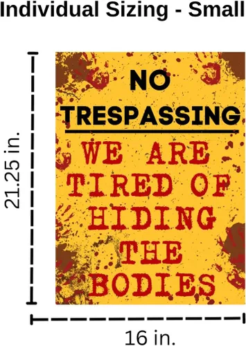 Vista 3 de Calcomanía de Halloween para pared o puerta – "No Trespassing, We are Tired of Hiding The Bodies" Fabricado en Estados Unidos Vinilo extraíble