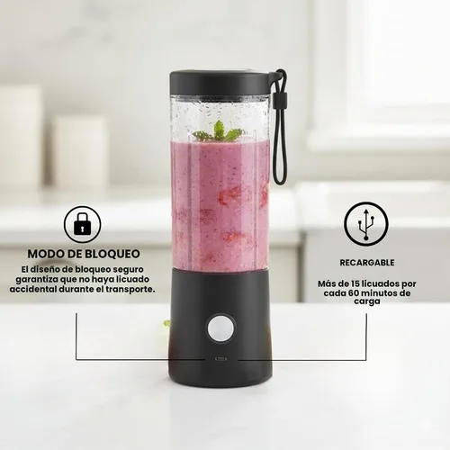 Vista 4 de Licuadora portátil para batidos – Mini licuadora personal de 16 onzas, USB-C recargable y autolimpiante, color negro