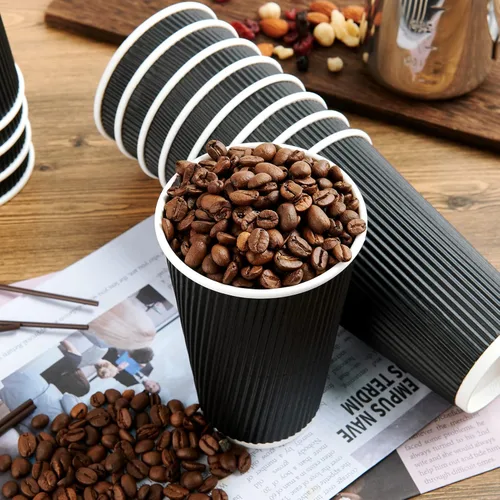 Vista 8 de JollyPack Paquete de 60 tazas de café de papel de 12 onzas, tazas desechables negras con pared ondulada aislada para café, té y chocolate caliente