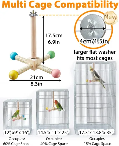 Vista 5 de Juguete de percha para pájaros, juguetes interactivos giratorios para periquitos, rueda de ejercicio de madera, juguete de loro, juguete