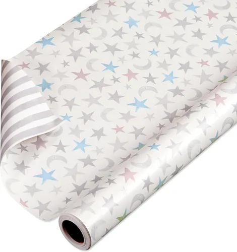 Vista 9 de American Greetings - Papel de regalo reversible de 175 pies cuadrados para fiestas de bebé, cumpleaños y todas las ocasiones, nubes y estrellas