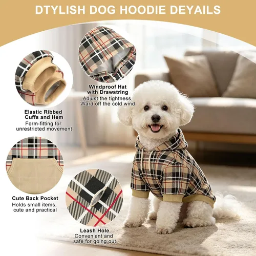 Vista 2 de EXPAWLORER Sudadera con capucha para perro a cuadros, estilo británico, suéter cálido para perro con agujero para correa, ropa de pitbull, ropa