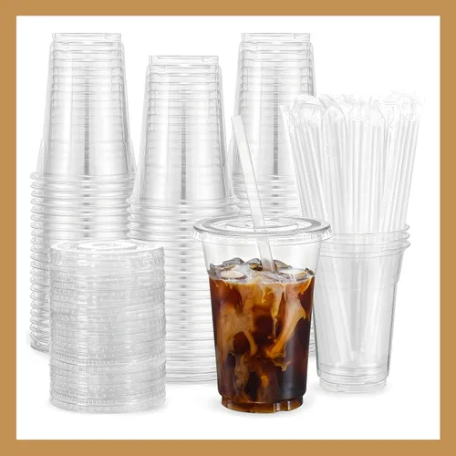 Vista 9 de Plastic Clear Cups [12 oz] with Lids and Straws [10 Set] Disposable Cold Beverage Drinking Iced Coffee Water Juice Tea Party Travel Cafe School