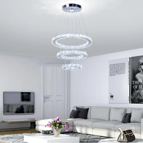 Vista 9 de Candelabro LED de cristal con iluminación regulable LED moderna lámpara de techo de 3 anillos ajustable de acero inoxidable para dormitorios y sala