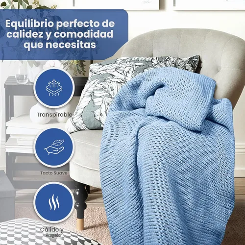 Vista 4 de Linteum Textile Supply Manta de tejido leno azul, tamaño Queen 100% algodón, ligera, cálida, esponjosa, suave y duradera, manta de cama premium