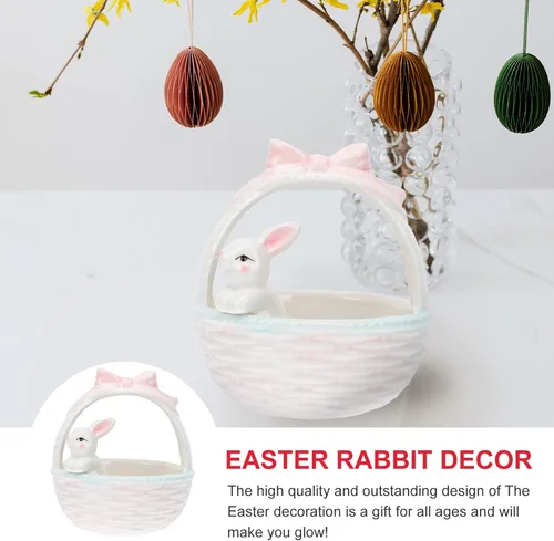 Vista 3 de Decoración de cesta de conejo de Pascua, figura de conejito de porcelana, adorno de escritorio para el hogar, decoración de fiesta de Pascua, adorno