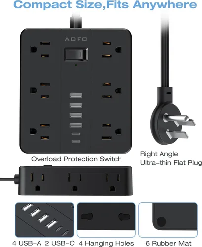 Vista 7 de Regleta de Enchufe Plano, AOFO Cable de Extensión de 5 Pies con 12 Tomacorrientes y 6 Puertos USB (4 USB-A, 2 USB-C), Protector contra