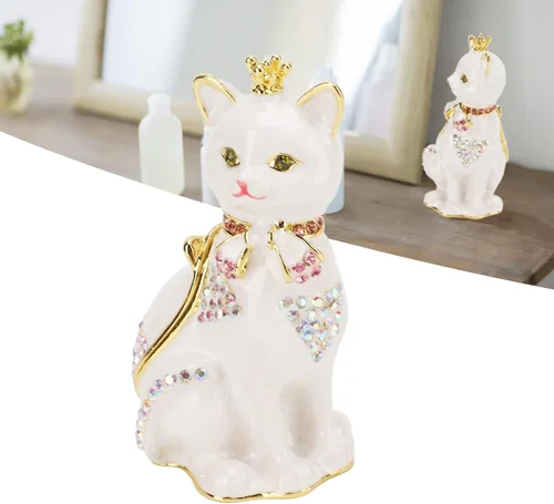 Vista 5 de Joyero con bisagras para gatos, diamantes de imitación brillantes, detalles finos pintados a mano, decoración de gato, caja de baratijas