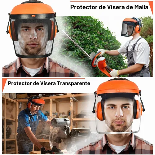 Vista 2 de Escudo facial de seguridad con combinación de protección auditiva, viene con malla y visera transparente para moler carpintería