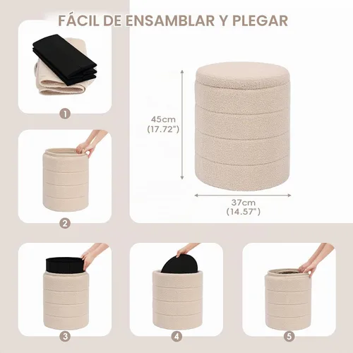 Vista 3 de PINPLUS Otomana de Almacenamiento Redonda Reposapiés Taburete con Bandeja de Terciopelo Sherpa Otomana de Almacenamiento Plegable, Reposapiés Boucle