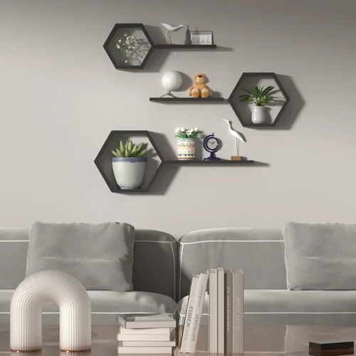 Vista 2 de Estantes hexagonales flotantes geométricos de panal – Estantes flotantes hexagonales montados en la pared, estantes de pared de panal juego de 6