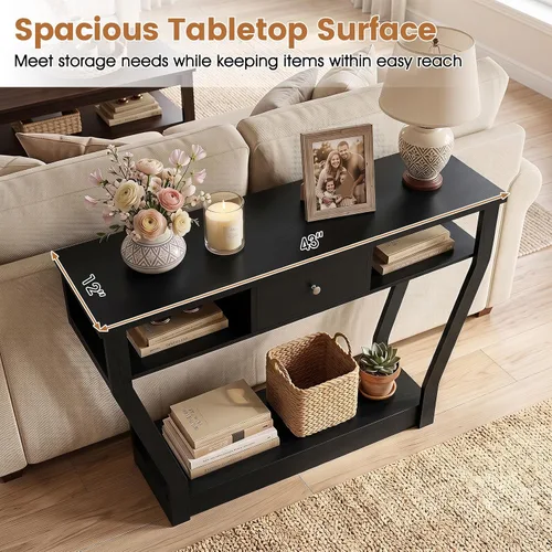 Vista 4 de BestComfort Mesa consola estrecha de 47 pulgadas con cajón, acento de entrada de madera de 3 niveles con estantes abiertos, mesa de sofá multiusos