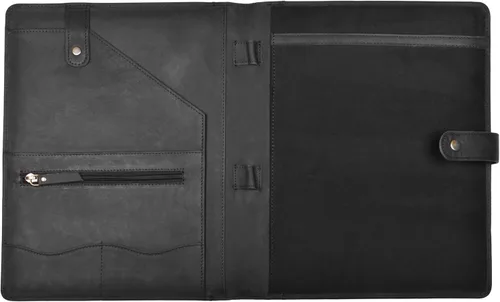 Vista 4 de Portafolio de cuero genuino – Elegante organizador profesional negro y carpeta para currículum, portadocumentos de cuero antiguo para negocios