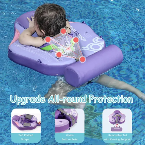 Vista 5 de Mambobaby Flotador para bebé con toldo y cola, flotador no inflable para piscina, correa de seguridad ajustable, entrenador de natación para niños