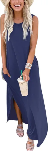 Vista 5 de ANRABESS - Vestido largo, informal y holgado para mujer, sin mangas, con bolsillos y abertura, para playa