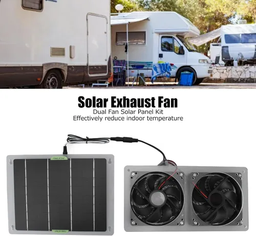 Vista 3 de Kit de ventilador solar 100 W 12 V ventilador de escape doble con panel solar para áticos pequeños gallineros invernaderos escape de ventana