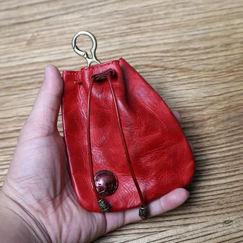 Vista 4 de Monedero medieval de piel auténtica, organizador de monedas, soporte para cambios, bolsa pequeña de cuero con cordón para hombres y mujeres, Rojo