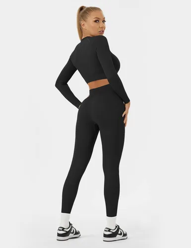 Vista 3 de Buttergene Conjuntos de entrenamiento para mujer, 2 piezas, de manga larga, para yoga, gimnasio, sin costuras, acanalada, con cintura alta, leggings