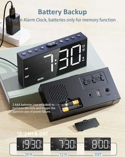 Vista 6 de Reloj despertador ruidoso para personas que duermen con vibración con agitador de cama de 10000 RPM, pantalla LED de 7.5 pulgadas, modo día/fin